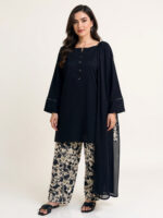 2-Pcs Black Shirt with Printed Farshi Shalwar