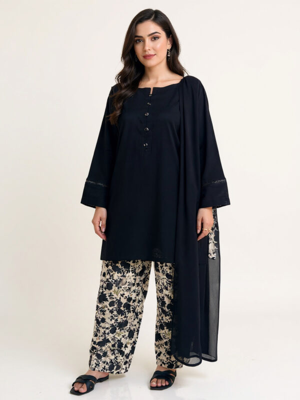 2-Pcs Black Shirt with Printed Farshi Shalwar