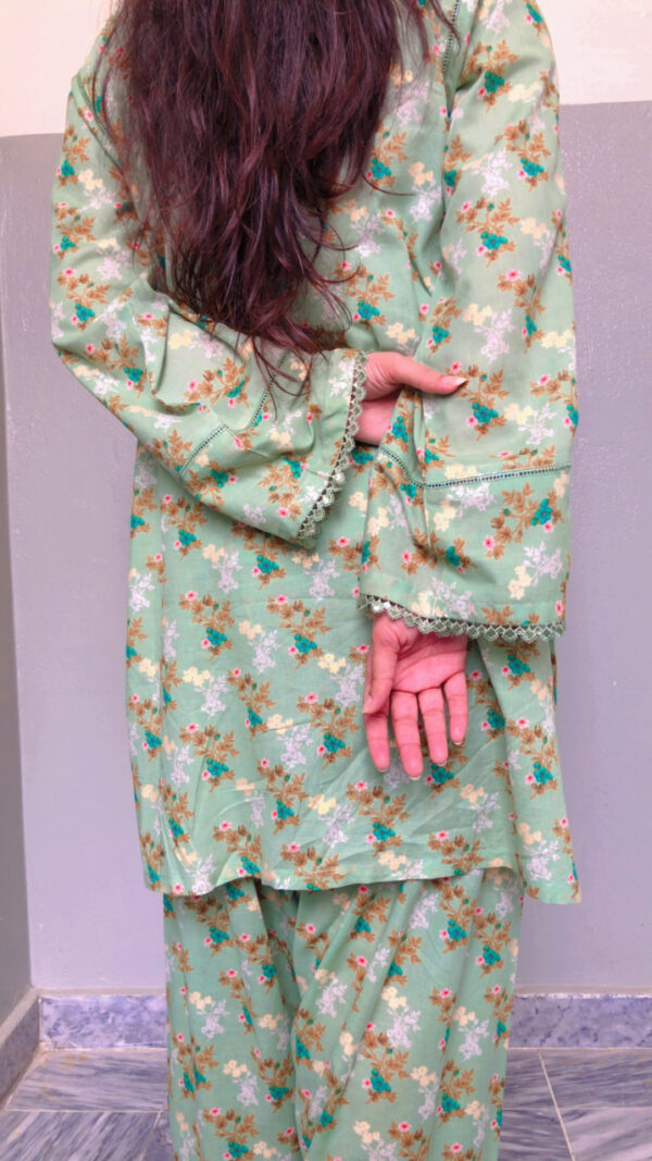 2-Pcs Mint Green Shirt with Printed Farshi Shalwar