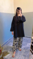 2-Pcs Black Shirt with Printed Farshi Shalwar