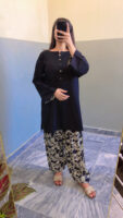 2-Pcs Black Shirt with Printed Farshi Shalwar