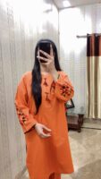 2-Pcs Rust Orange Kurta with Side Pocket and Plain Trouser