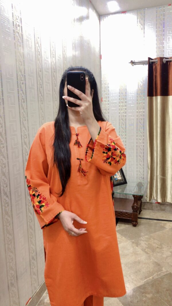 2-Pcs Rust Orange Kurta with Side Pocket and Plain Trouser