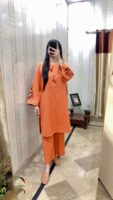 2-Pcs Rust Orange Kurta with Side Pocket and Plain Trouser