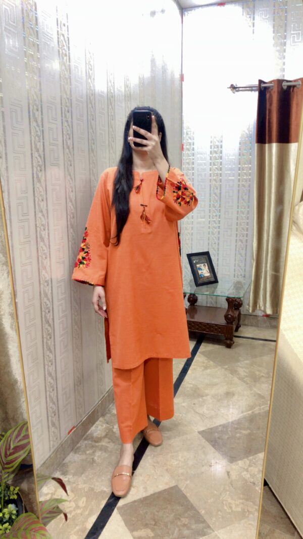 2-Pcs Rust Orange Kurta with Side Pocket and Plain Trouser