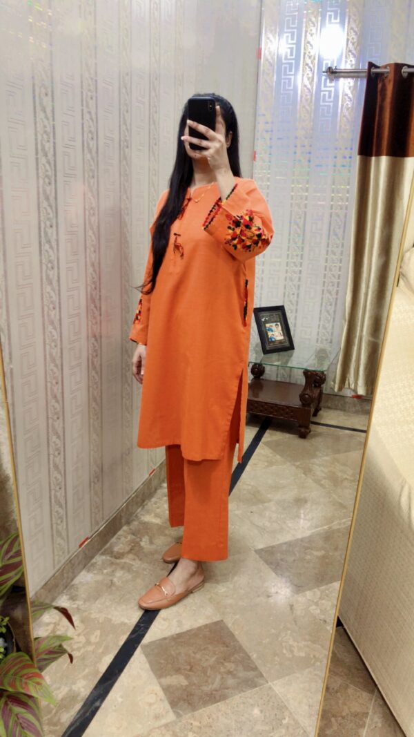 2-Pcs Rust Orange Kurta with Side Pocket and Plain Trouser
