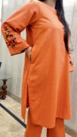 2-Pcs Rust Orange Kurta with Side Pocket and Plain Trouser