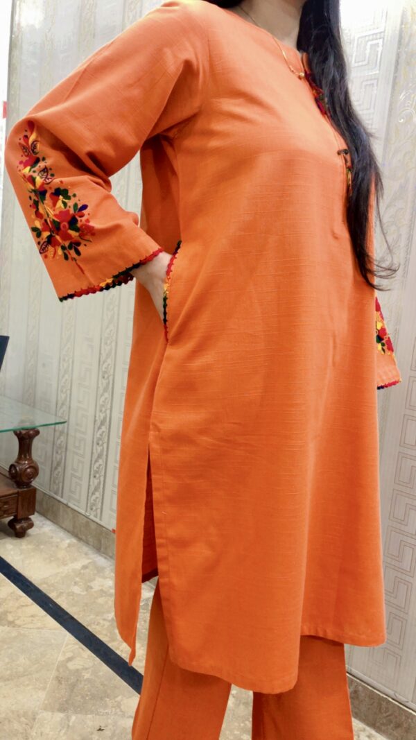 2-Pcs Rust Orange Kurta with Side Pocket and Plain Trouser