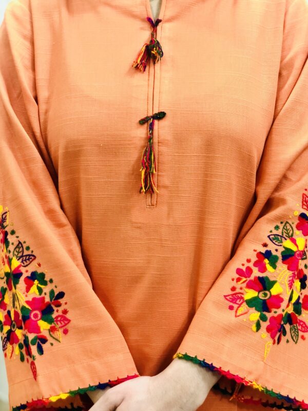 2-Pcs Rust Orange Kurta with Side Pocket and Plain Trouser