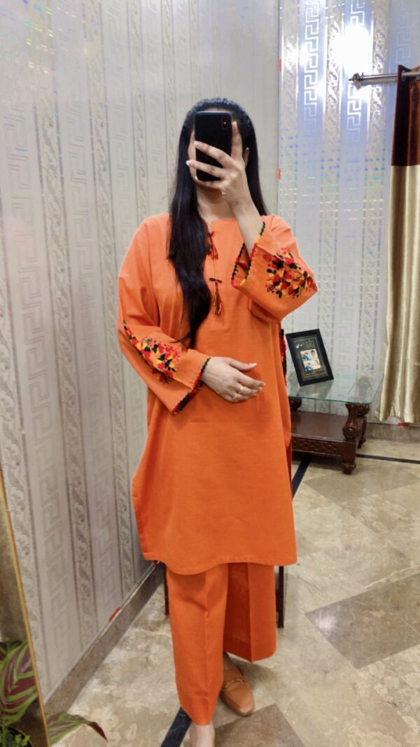 2-Pcs Rust Orange Kurta with Side Pocket and Plain Trouser