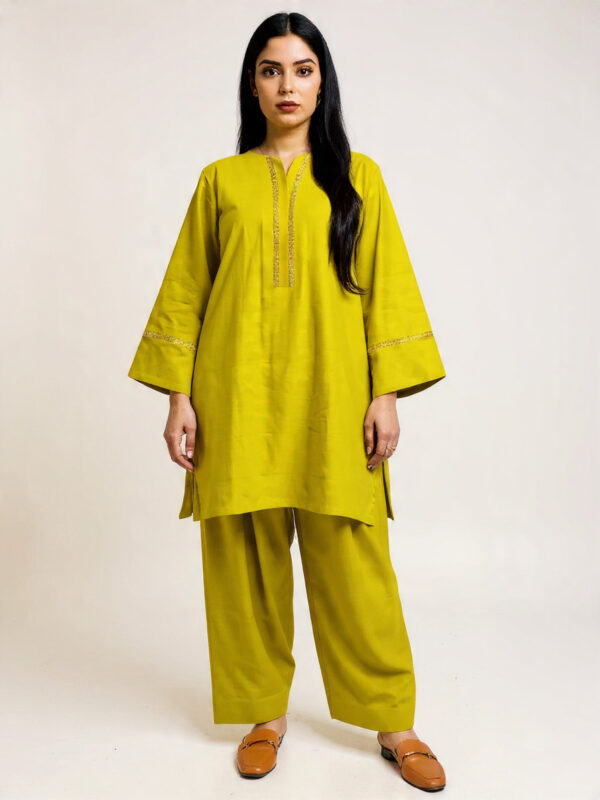 2-Pcs Lime Green Kurta with side pocket and Shalwar