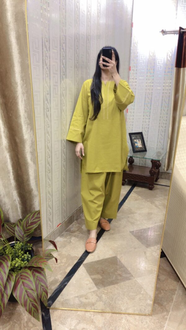 2-Pcs Lime Green Kurta with side pocket and Shalwar