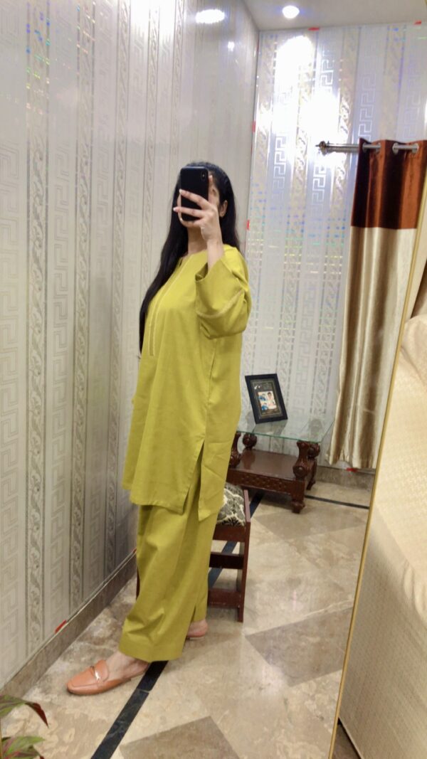 2-Pcs Lime Green Kurta with side pocket and Shalwar