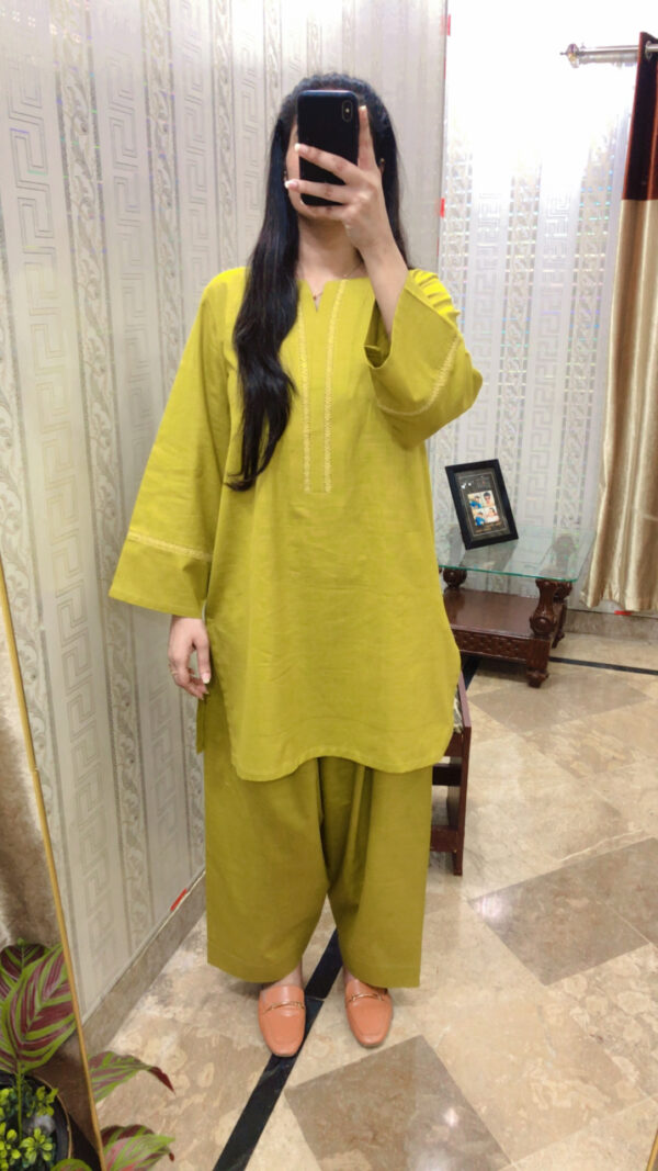 2-Pcs Lime Green Kurta with side pocket and Shalwar